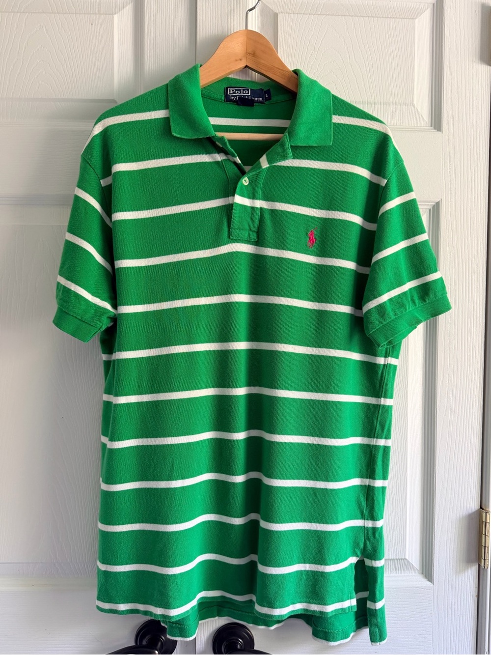 Polo Ralph Lauren Polo Shirt Men’s Large Green White Stripe Pink Pony Cotton